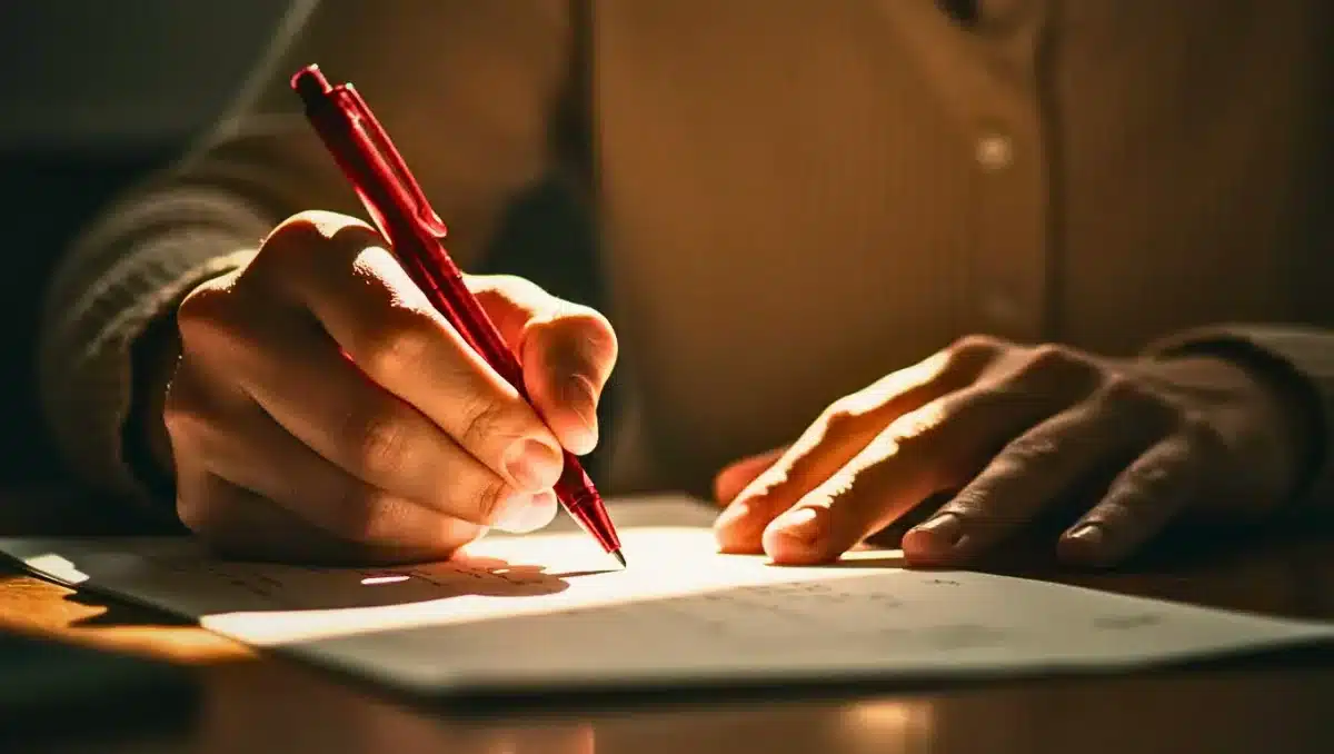 Personne écrivant avec un stylo rouge sur une feuille, symbole de correction et de progrès en orthographe.