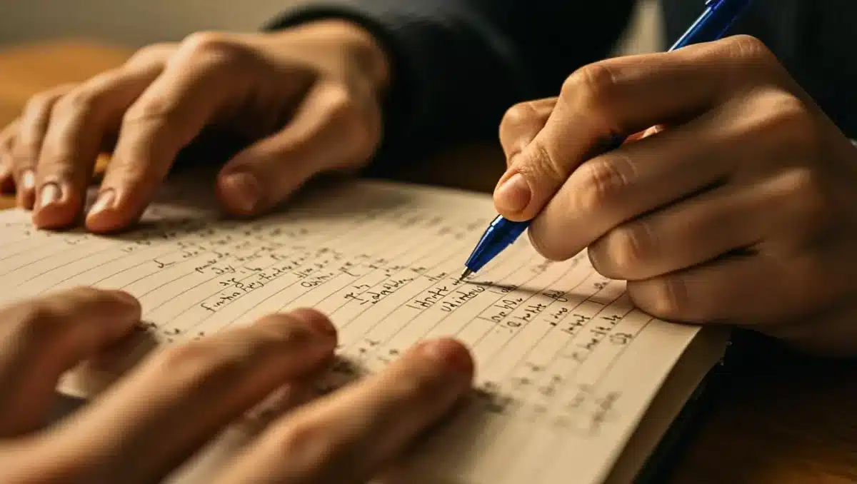 Gros plan sur une personne écrivant à la main sur un cahier, symbolisant l’apprentissage de l’orthographe française et ses exceptions.