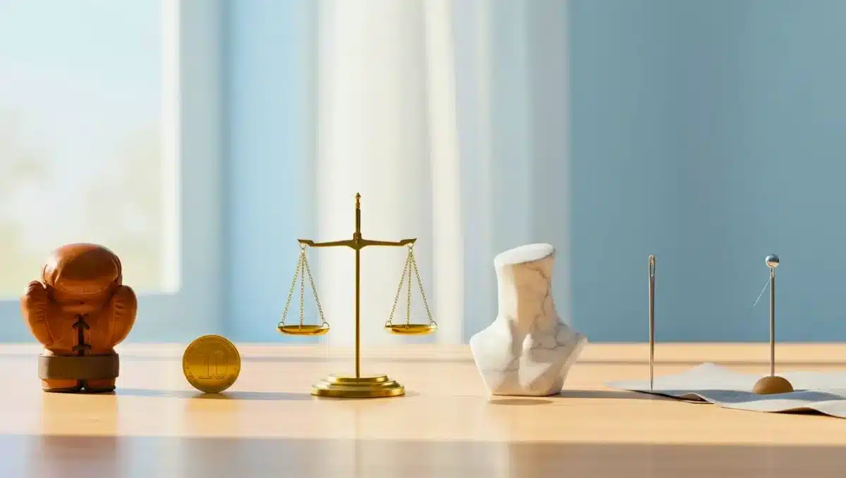 Balance dorée posée sur une table en bois, entourée de symboles représentant la justice et la langue française, illustrant les nuances entre cou, coup et coud.