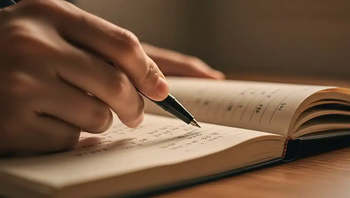 Main écrivant dans un cahier à la lumière chaude, symbole d’apprentissage de l’orthographe et des règles du trait d’union en français.