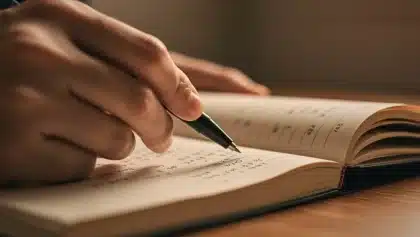 Main écrivant dans un cahier à la lumière chaude, symbole d’apprentissage de l’orthographe et des règles du trait d’union en français.