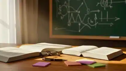 Livres ouverts, lunettes et stylo posés sur un bureau en bois, avec un tableau noir rempli de schémas à l’arrière-plan — ambiance d’étude et de grammaire française.