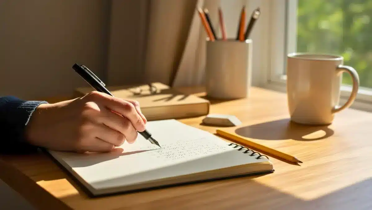 Main écrivant dans un carnet posé sur un bureau en bois, à côté d’une tasse de café, de crayons et d’un livre sous une lumière matinale douce.