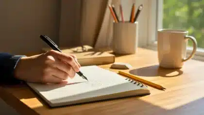 Main écrivant dans un carnet posé sur un bureau en bois, à côté d’une tasse de café, de crayons et d’un livre sous une lumière matinale douce.