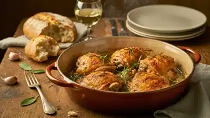 Flan pâtissier doré et crémeux coupé en parts, accompagné de crème et de gousses de vanille sur une table rustique.