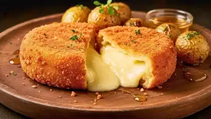 Fromage pané doré et croustillant coupé en deux, laissant couler un cœur fondant, servi avec pommes de terre rôties et miel.