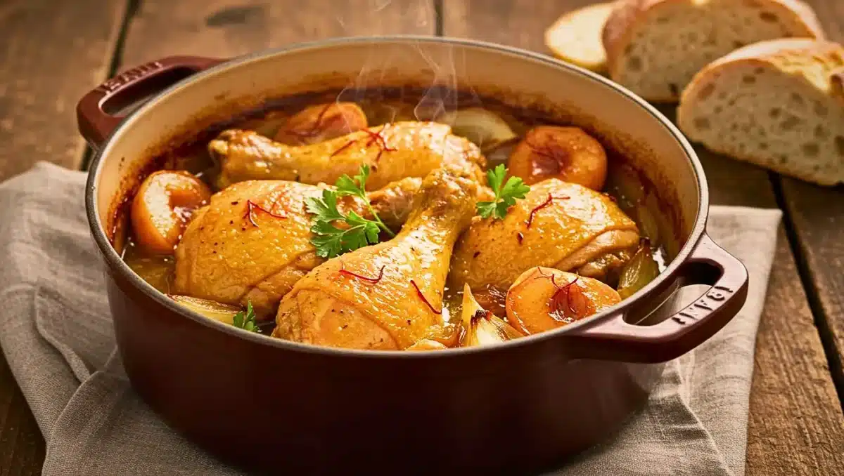 Poulet mijoté aux coings caramélisés dans une cocotte en fonte, servi chaud avec sauce au safran et pain frais.
