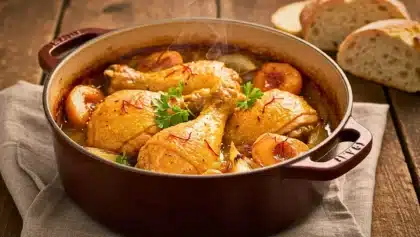 Poulet mijoté aux coings caramélisés dans une cocotte en fonte, servi chaud avec sauce au safran et pain frais.