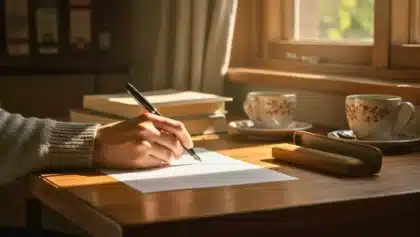 Main écrivant sur une feuille à la lumière du matin, avec des livres et des tasses de café posés sur un bureau en bois.