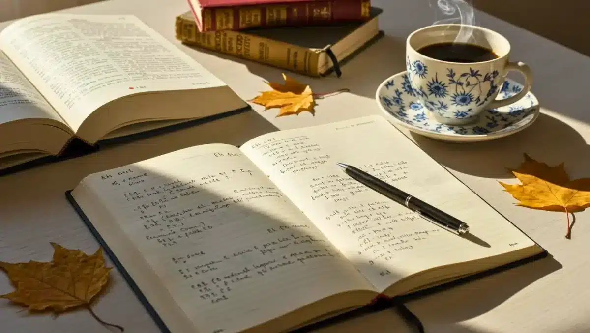 Cahier ouvert avec des notes manuscrites, stylo posé dessus, tasse de café fumant et feuilles d’automne autour, dans une lumière chaude de matinée.
