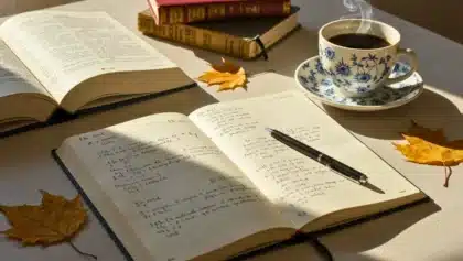 Cahier ouvert avec des notes manuscrites, stylo posé dessus, tasse de café fumant et feuilles d’automne autour, dans une lumière chaude de matinée.