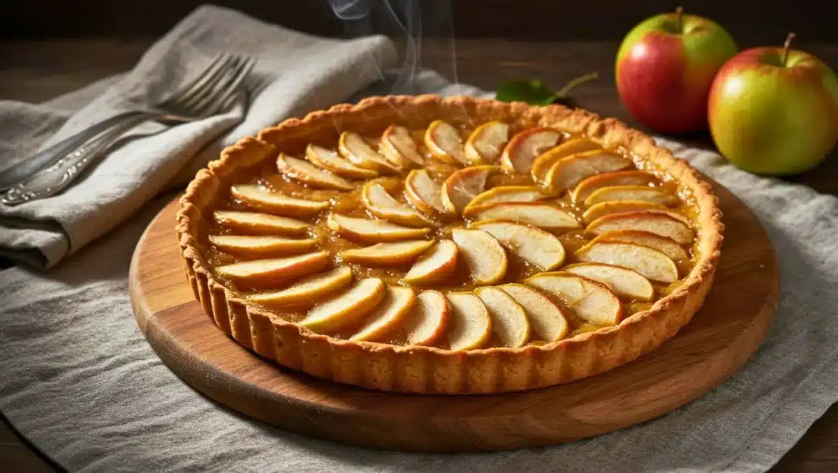 Tarte aux pommes maison dorée et fumante, sur un plat en bois, avec des quartiers de pommes disposés en rosace et des pommes fraîches en arrière-plan.