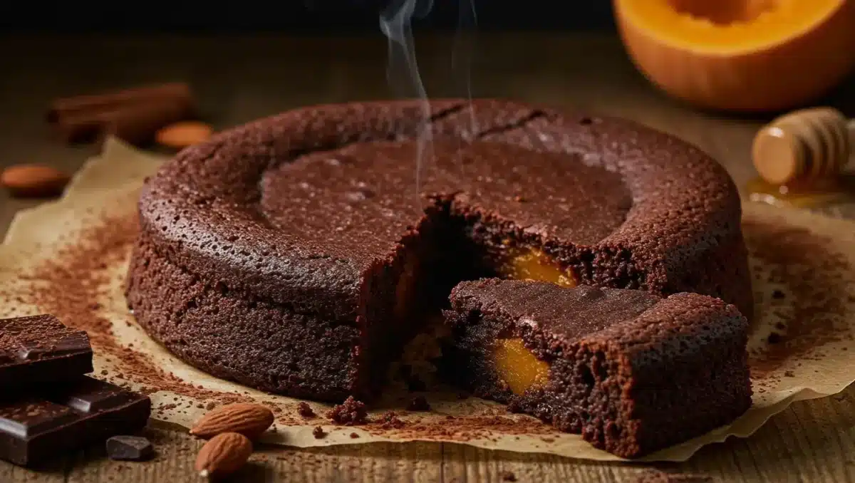 Gâteau fondant au chocolat et à la butternut encore tiède, coupé pour révéler son cœur moelleux orangé, entouré de morceaux de chocolat et d’amandes sur une table en bois.