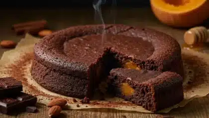 Gâteau fondant au chocolat et à la butternut encore tiède, coupé pour révéler son cœur moelleux orangé, entouré de morceaux de chocolat et d’amandes sur une table en bois.