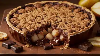 Crumble poire-chocolat fondant, doré et croustillant, avec morceaux de poires juteuses et chocolat fondu coulant sur une planche en bois.