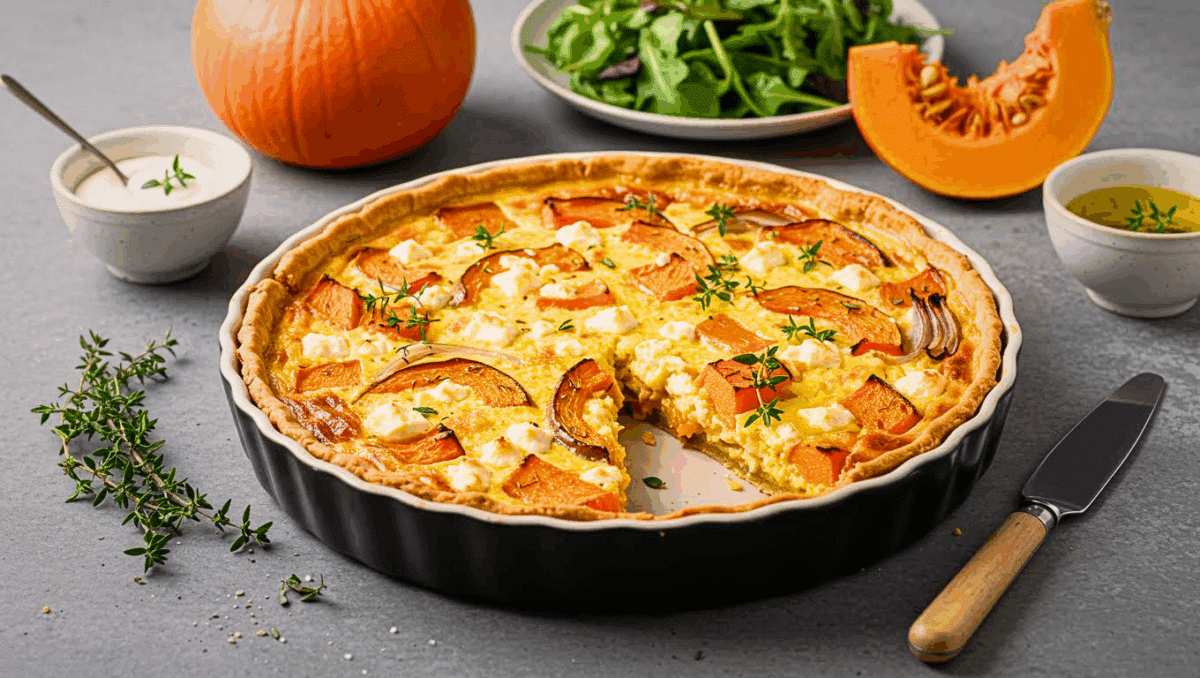 Quiche maison au potiron et à la feta, dorée au four, décorée de thym frais, servie avec une salade verte et des morceaux de courge.