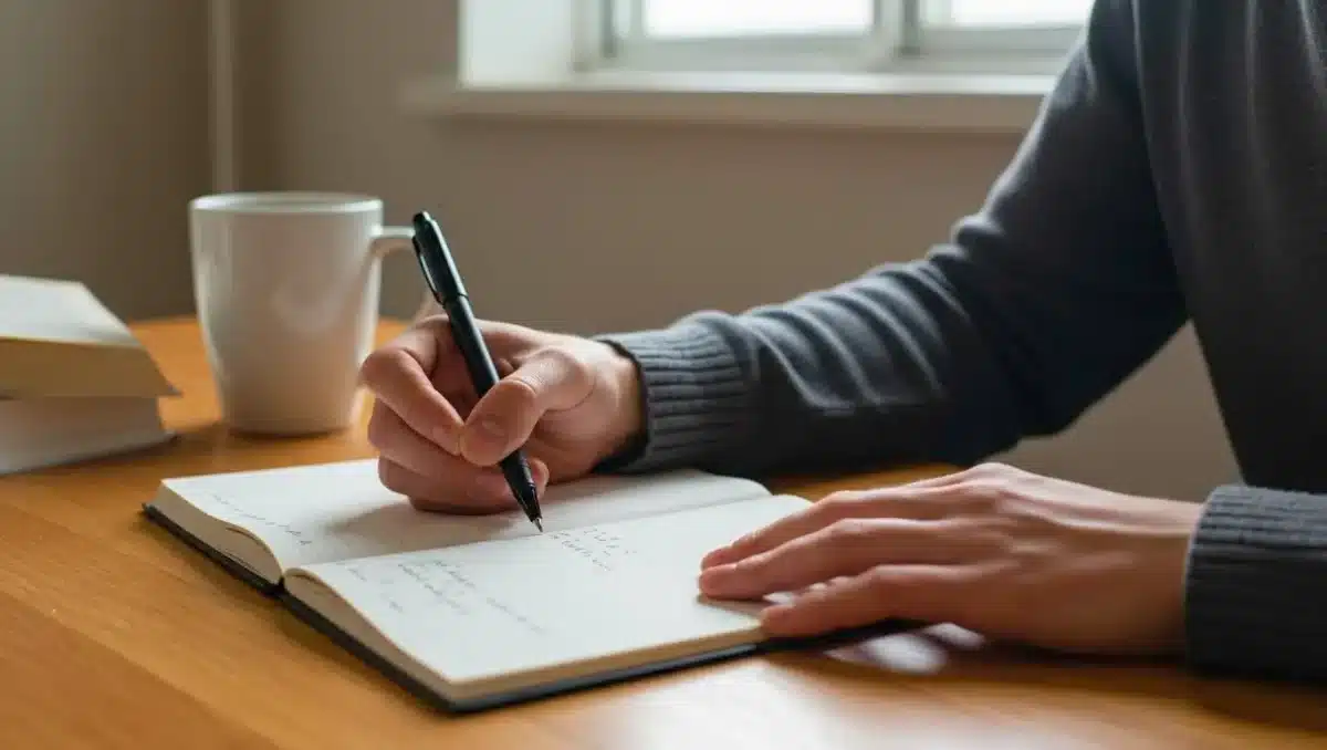 Personne écrivant à la main dans un carnet sur une table en bois, avec une tasse blanche et des livres à proximité.