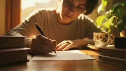 Personne écrivant à la main sur une feuille de papier, dans une ambiance chaleureuse de bureau, illustrant une question d’orthographe sur « lorsqu’on » et « lorsque l’on ».