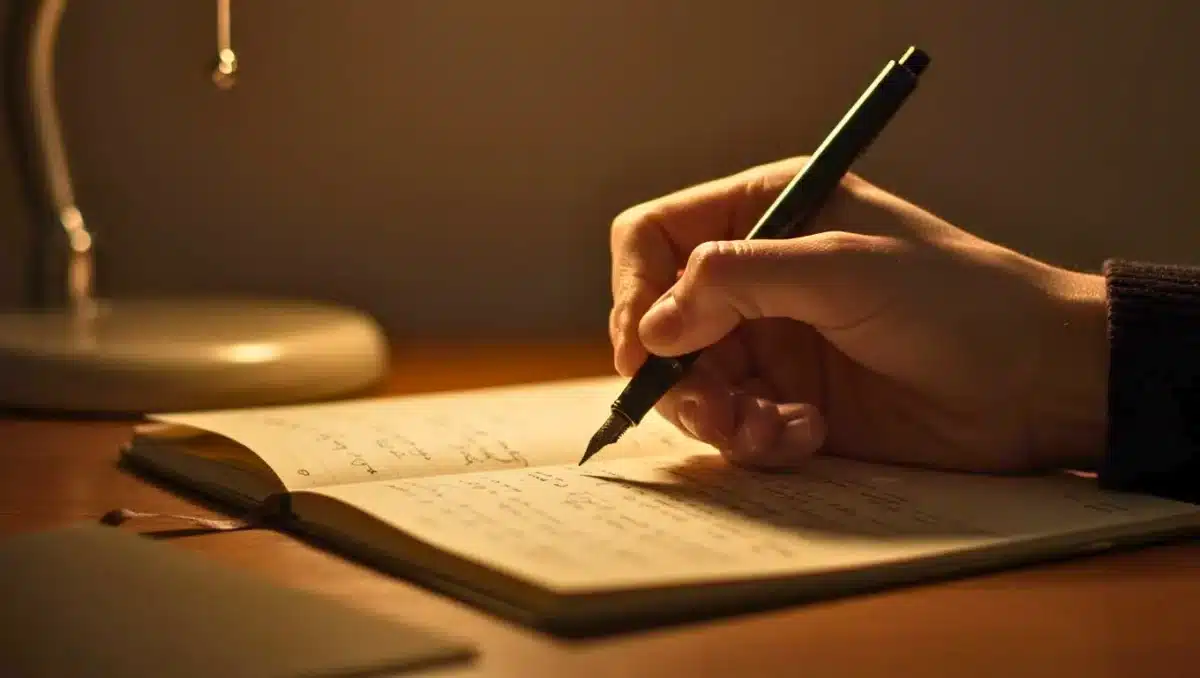 Main écrivant à la plume sur un carnet à la lumière d’une lampe, illustrant une explication d’orthographe française.