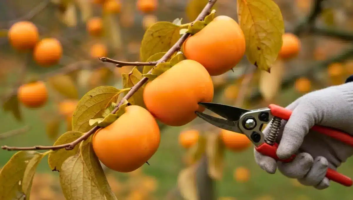 Main gantée coupant un kaki mûr avec un sécateur sur une branche de plaqueminier.