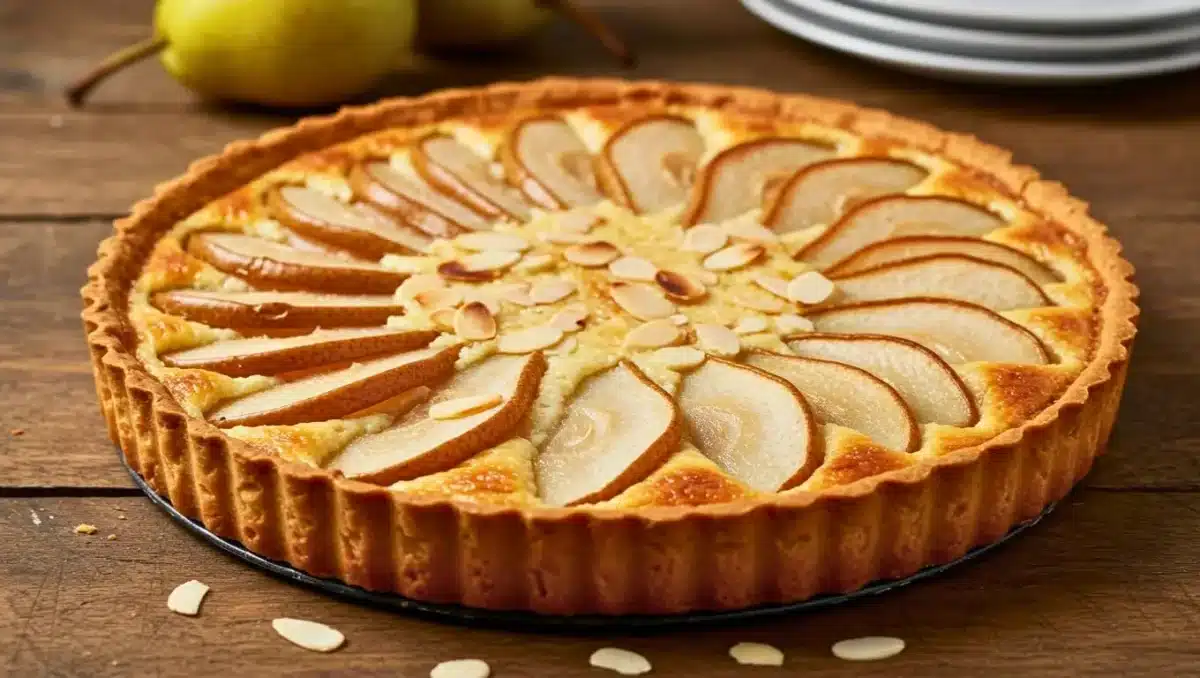 Tarte amandine aux poires faite maison, avec tranches de poires disposées en rosace sur une crème d’amande dorée.