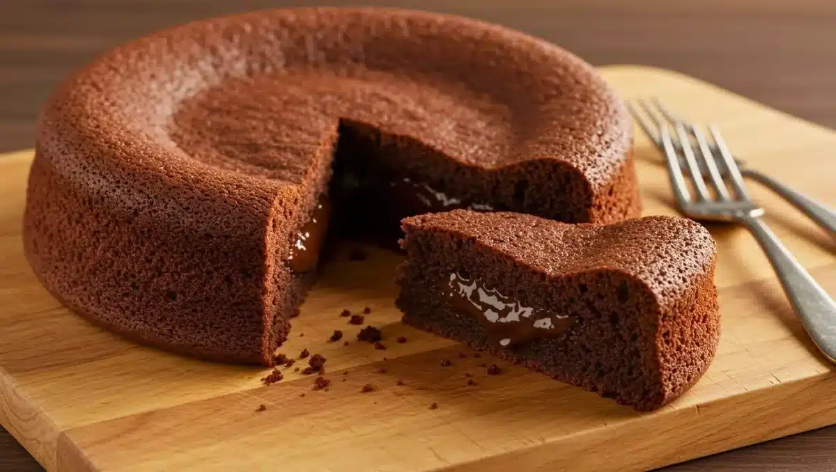 Fondant au chocolat découpé, laissant apparaître un cœur coulant brillant sur une planche en bois.