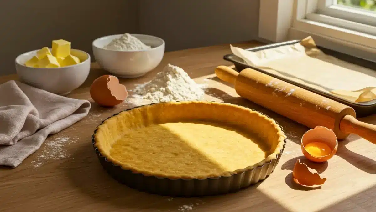 Pâte à tarte maison crue dans un moule, entourée d’ingrédients de base comme farine, beurre et œufs, sur un plan de travail en bois baigné de lumière.