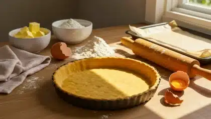 Pâte à tarte maison crue dans un moule, entourée d’ingrédients de base comme farine, beurre et œufs, sur un plan de travail en bois baigné de lumière.