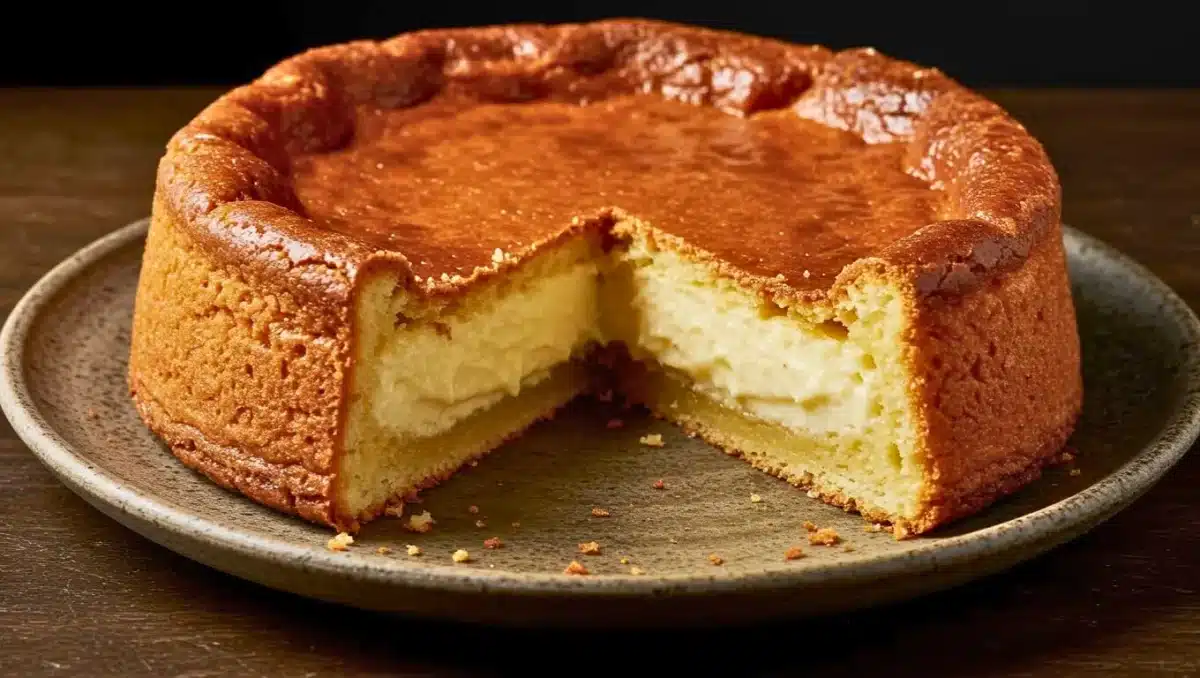 Gâteau basque doré avec une part retirée, révélant une crème pâtissière vanillée au centre, posé sur une assiette rustique.
