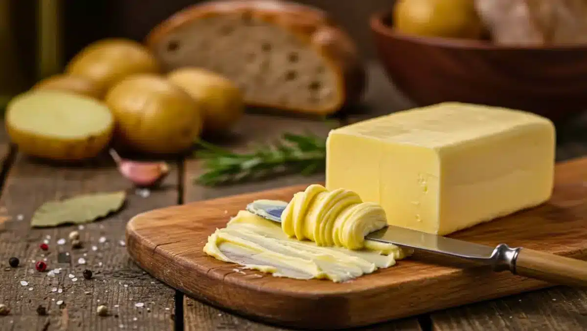 Bloc de beurre posé sur une planche en bois, avec un couteau et des volutes de beurre étalées, entouré de pommes de terre, pain et aromates.
