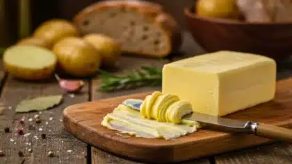 Bloc de beurre posé sur une planche en bois, avec un couteau et des volutes de beurre étalées, entouré de pommes de terre, pain et aromates.