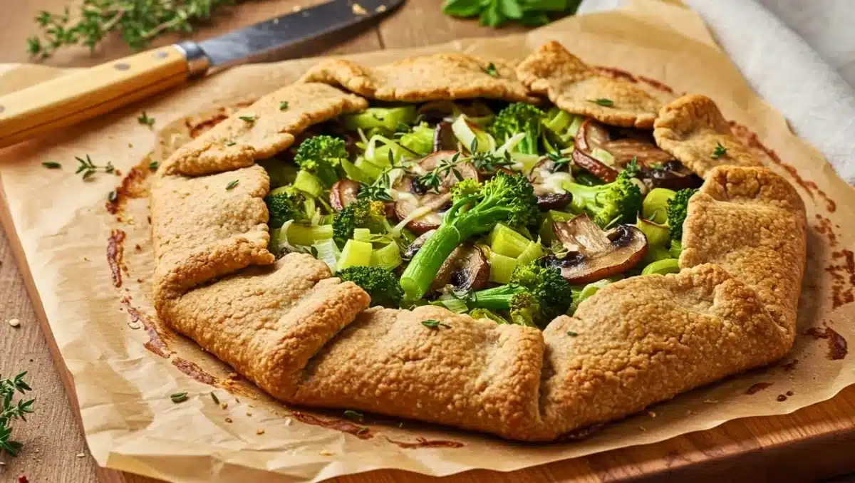 Tarte rustique aux légumes de saison avec champignons, poireaux et brocoli, entourée d’une pâte dorée et croustillante.