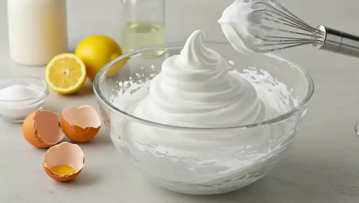 Bol de blancs en neige montés fermement avec un fouet, entouré d’œufs, citron et sucre.
