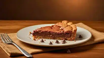 Part de tarte brookie avec base de cookie croustillante et cœur brownie fondant au chocolat, servie dans une assiette.