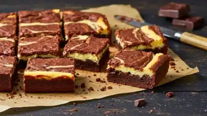 Brownie fondant sans gluten coupé en carrés, avec une couche de cheesecake marbrée visible en surface.