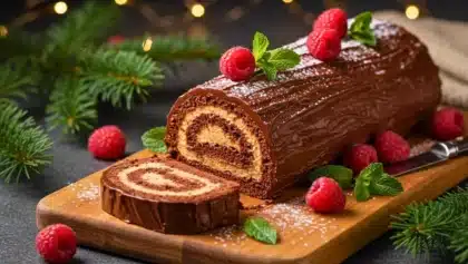 Bûche de Noël au chocolat roulée et glacée, décorée de framboises fraîches et de feuilles de menthe, présentée sur une planche en bois avec fond festif et branches de sapin.