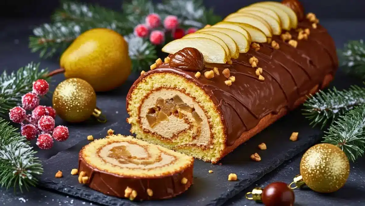 Bûche roulé de Noël aux marrons et à la poire avec glaçage chocolat et décor festif