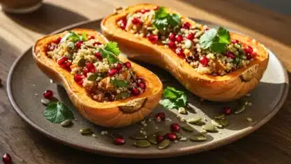 Moitiés de courge butternut rôtie garnies de quinoa, graines de courge et arilles de grenade, décorées de feuilles de coriandre, servies dans une assiette en céramique.