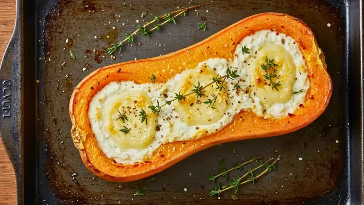 Courge butternut rôtie coupée en deux et garnie d’un mélange crémeux au chèvre et thym, gratinée au four.
