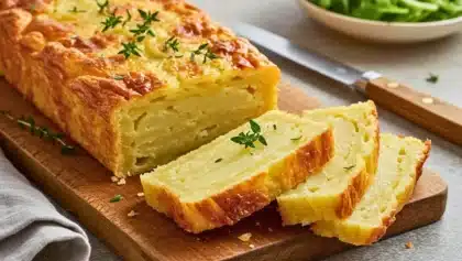 Fondant de pommes de terre tranché en tranches épaisses, doré au four, parsemé de thym frais sur une planche en bois.