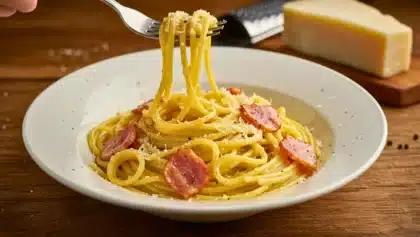 Assiette de spaghetti à la carbonara avec morceaux de guanciale, nappés d’une sauce crémeuse sans crème.