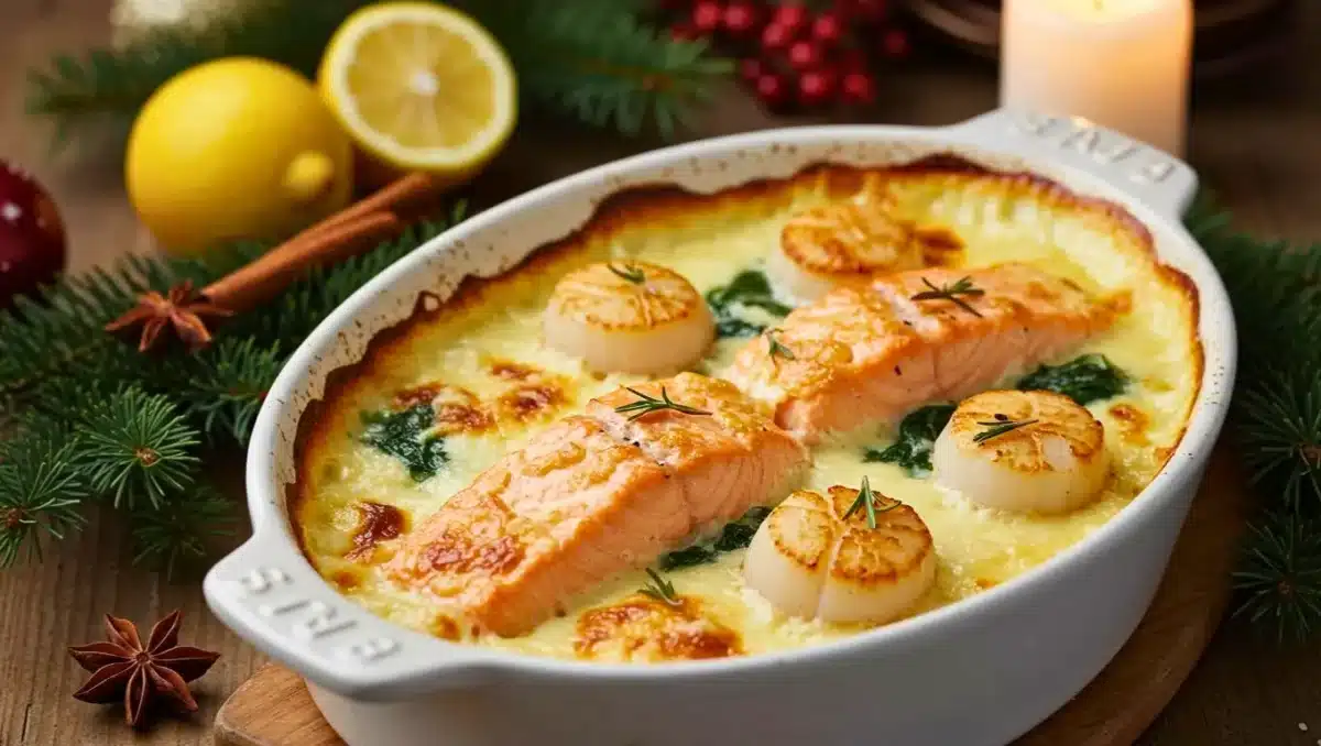 Gratin de Noël au saumon et noix de Saint-Jacques avec sauce crémeuse et épinards