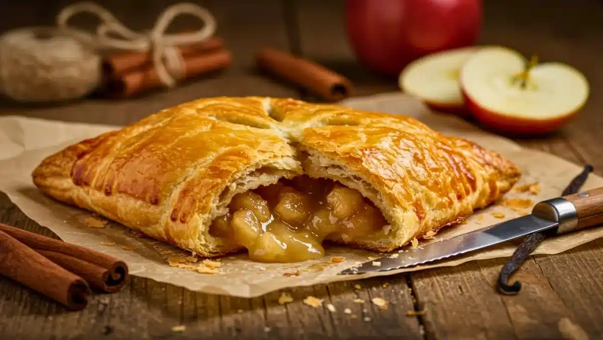 Chausson aux pommes feuilleté ouvert, laissant apparaître une compote de pommes fondante, avec cannelle et pomme en arrière-plan.