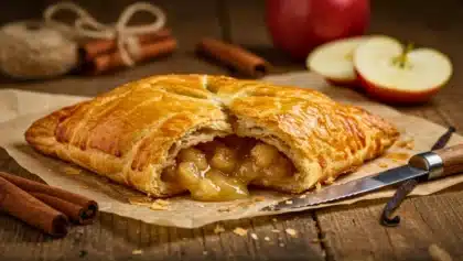 Chausson aux pommes feuilleté ouvert, laissant apparaître une compote de pommes fondante, avec cannelle et pomme en arrière-plan.