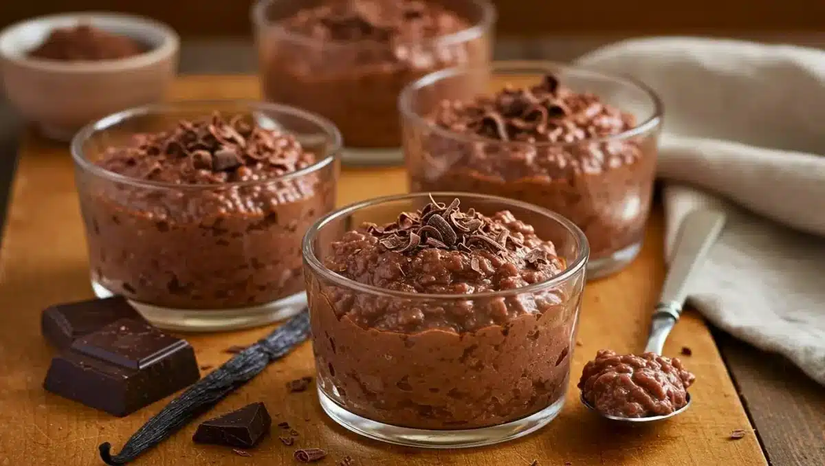 Riz au lait vegan au chocolat servi dans des verrines, décoré de copeaux de chocolat, avec tablette de chocolat et gousse de vanille en premier plan.
