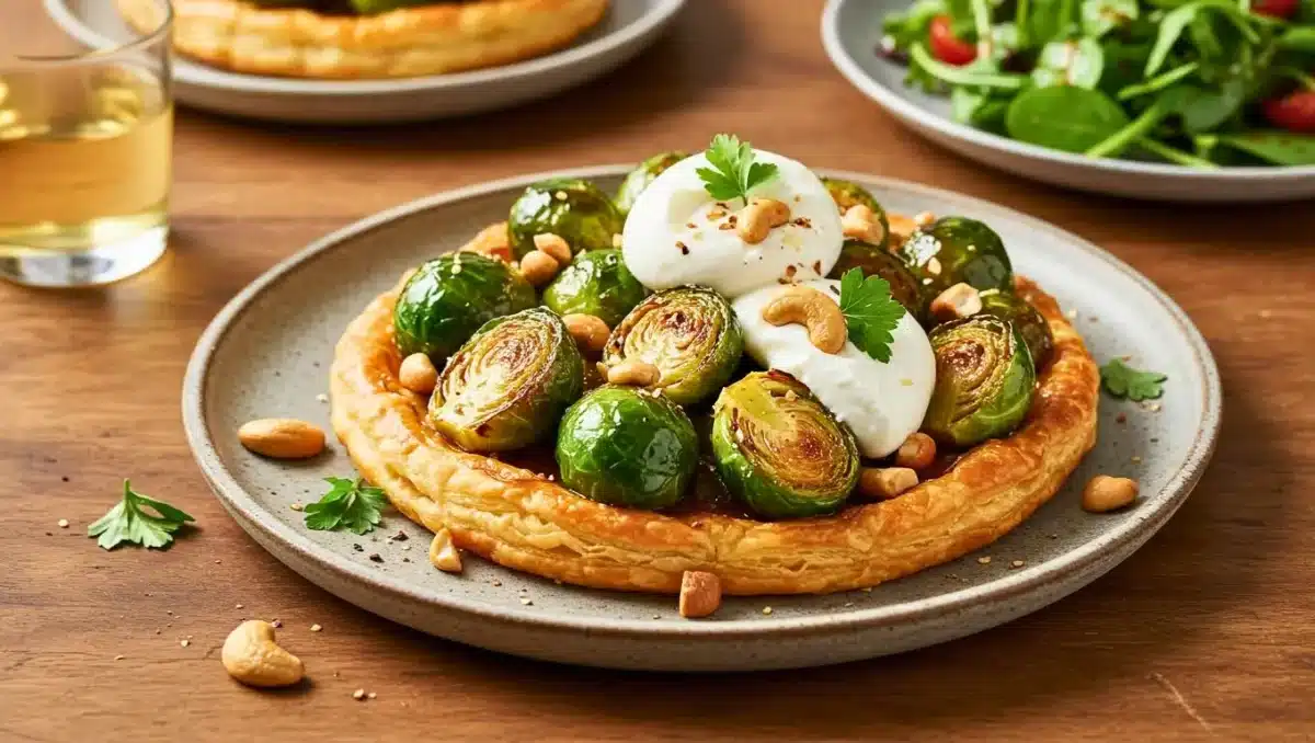 Tatin salée garnie de choux de Bruxelles caramélisés, servie sur une assiette avec burrata, noix de cajou concassées et persil frais sur une pâte feuilletée dorée.