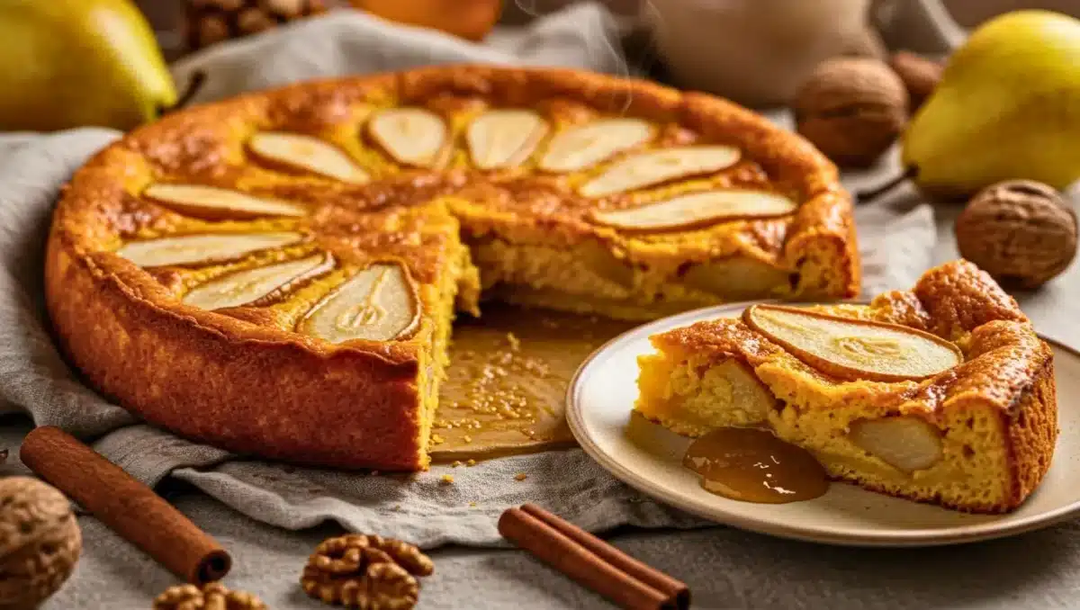Clafoutis doré au potiron et aux poires, avec une part servie sur une assiette, montrant une texture fondante et fruitée.