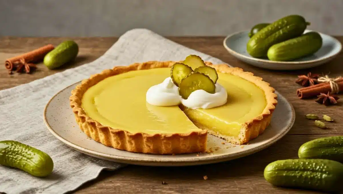 Tarte sucrée au cornichon avec une part manquante, garnie de crème fouettée et de tranches de cornichons, posée sur une assiette en céramique sur une table en bois.