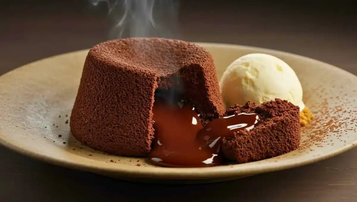 Mi-cuit au chocolat noir avec cœur coulant, servi chaud avec une boule de glace vanille.