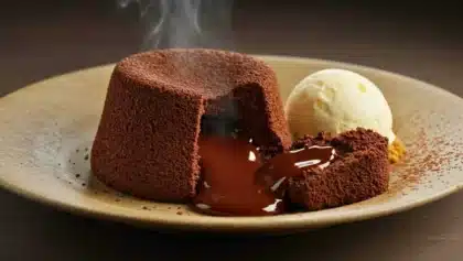 Mi-cuit au chocolat noir avec cœur coulant, servi chaud avec une boule de glace vanille.